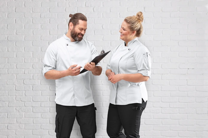 Jobeline Carter Women's Chef Jacket, Long-Sleeved with Roll-up Function, Polyester-Cotton Blend, Breathable Mesh Inserts, White