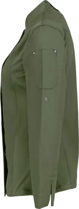 JOBELINE LUSINI Solutions GmbH Women's chef's jacket Carter long-sleeved Damen Kochjacke Carter Langarm Women's chef's jacket Carter long-sleeved; Size 34; olive Damen Kochjacke Carter Langarm; Kleidergröße 34; oliv 65 % polyester, 35 % cotton. 150 g/m². 60 °C wash. Long-sleeved women's chef jacket made of extra-lightweight but sturdy fabric. With stand-up collar, breathable mesh inserts on the side, two-section upper arm pocket and bib apron loop in the neck. Closes with snaps in a concealed snap placket. Long sleeves with practical roll-up function. Slightly waisted cut. Back length: 68 cm for size 36. 65 % Polyester, 35 % Baumwolle. 150 g/m². 60°-Wäsche Langärmlige Damenkochjacke aus extra leichtem, aber robustem Gewebe. Mit Stehkragen, atmungsaktiven Mesh-Einsätzen an der Seite, zweigeteilter Oberarmtasche und Latzschürzenschlaufe im Nacken. Verschließbar mit Druckknöpfen in einer verdeckten Druckknopfleiste. Lange Ärmel mit praktischer Roll-Up-Funktion. Leicht tailliert geschnitten. Rückenlänge: 68 cm in Gr. 36