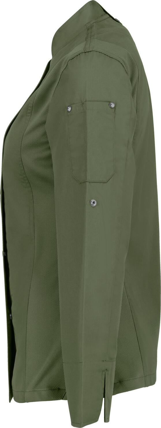 JOBELINE LUSINI Solutions GmbH Women's chef's jacket Carter long-sleeved Damen Kochjacke Carter Langarm Women's chef's jacket Carter long-sleeved; Size 34; olive Damen Kochjacke Carter Langarm; Kleidergröße 34; oliv 65 % polyester, 35 % cotton. 150 g/m². 60 °C wash. Long-sleeved women's chef jacket made of extra-lightweight but sturdy fabric. With stand-up collar, breathable mesh inserts on the side, two-section upper arm pocket and bib apron loop in the neck. Closes with snaps in a concealed snap placket. Long sleeves with practical roll-up function. Slightly waisted cut. Back length: 68 cm for size 36. 65 % Polyester, 35 % Baumwolle. 150 g/m². 60°-Wäsche Langärmlige Damenkochjacke aus extra leichtem, aber robustem Gewebe. Mit Stehkragen, atmungsaktiven Mesh-Einsätzen an der Seite, zweigeteilter Oberarmtasche und Latzschürzenschlaufe im Nacken. Verschließbar mit Druckknöpfen in einer verdeckten Druckknopfleiste. Lange Ärmel mit praktischer Roll-Up-Funktion. Leicht tailliert geschnitten. Rückenlänge: 68 cm in Gr. 36