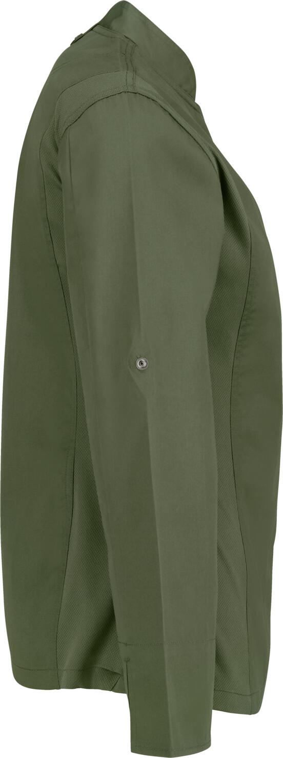 JOBELINE LUSINI Solutions GmbH Women's chef's jacket Carter long-sleeved Damen Kochjacke Carter Langarm Women's chef's jacket Carter long-sleeved; Size 34; olive Damen Kochjacke Carter Langarm; Kleidergröße 34; oliv 65 % polyester, 35 % cotton. 150 g/m². 60 °C wash. Long-sleeved women's chef jacket made of extra-lightweight but sturdy fabric. With stand-up collar, breathable mesh inserts on the side, two-section upper arm pocket and bib apron loop in the neck. Closes with snaps in a concealed snap placket. Long sleeves with practical roll-up function. Slightly waisted cut. Back length: 68 cm for size 36. 65 % Polyester, 35 % Baumwolle. 150 g/m². 60°-Wäsche Langärmlige Damenkochjacke aus extra leichtem, aber robustem Gewebe. Mit Stehkragen, atmungsaktiven Mesh-Einsätzen an der Seite, zweigeteilter Oberarmtasche und Latzschürzenschlaufe im Nacken. Verschließbar mit Druckknöpfen in einer verdeckten Druckknopfleiste. Lange Ärmel mit praktischer Roll-Up-Funktion. Leicht tailliert geschnitten. Rückenlänge: 68 cm in Gr. 36