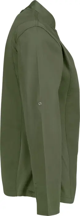 JOBELINE LUSINI Solutions GmbH Women's chef's jacket Carter long-sleeved Damen Kochjacke Carter Langarm Women's chef's jacket Carter long-sleeved; Size 34; olive Damen Kochjacke Carter Langarm; Kleidergröße 34; oliv 65 % polyester, 35 % cotton. 150 g/m². 60 °C wash. Long-sleeved women's chef jacket made of extra-lightweight but sturdy fabric. With stand-up collar, breathable mesh inserts on the side, two-section upper arm pocket and bib apron loop in the neck. Closes with snaps in a concealed snap placket. Long sleeves with practical roll-up function. Slightly waisted cut. Back length: 68 cm for size 36. 65 % Polyester, 35 % Baumwolle. 150 g/m². 60°-Wäsche Langärmlige Damenkochjacke aus extra leichtem, aber robustem Gewebe. Mit Stehkragen, atmungsaktiven Mesh-Einsätzen an der Seite, zweigeteilter Oberarmtasche und Latzschürzenschlaufe im Nacken. Verschließbar mit Druckknöpfen in einer verdeckten Druckknopfleiste. Lange Ärmel mit praktischer Roll-Up-Funktion. Leicht tailliert geschnitten. Rückenlänge: 68 cm in Gr. 36