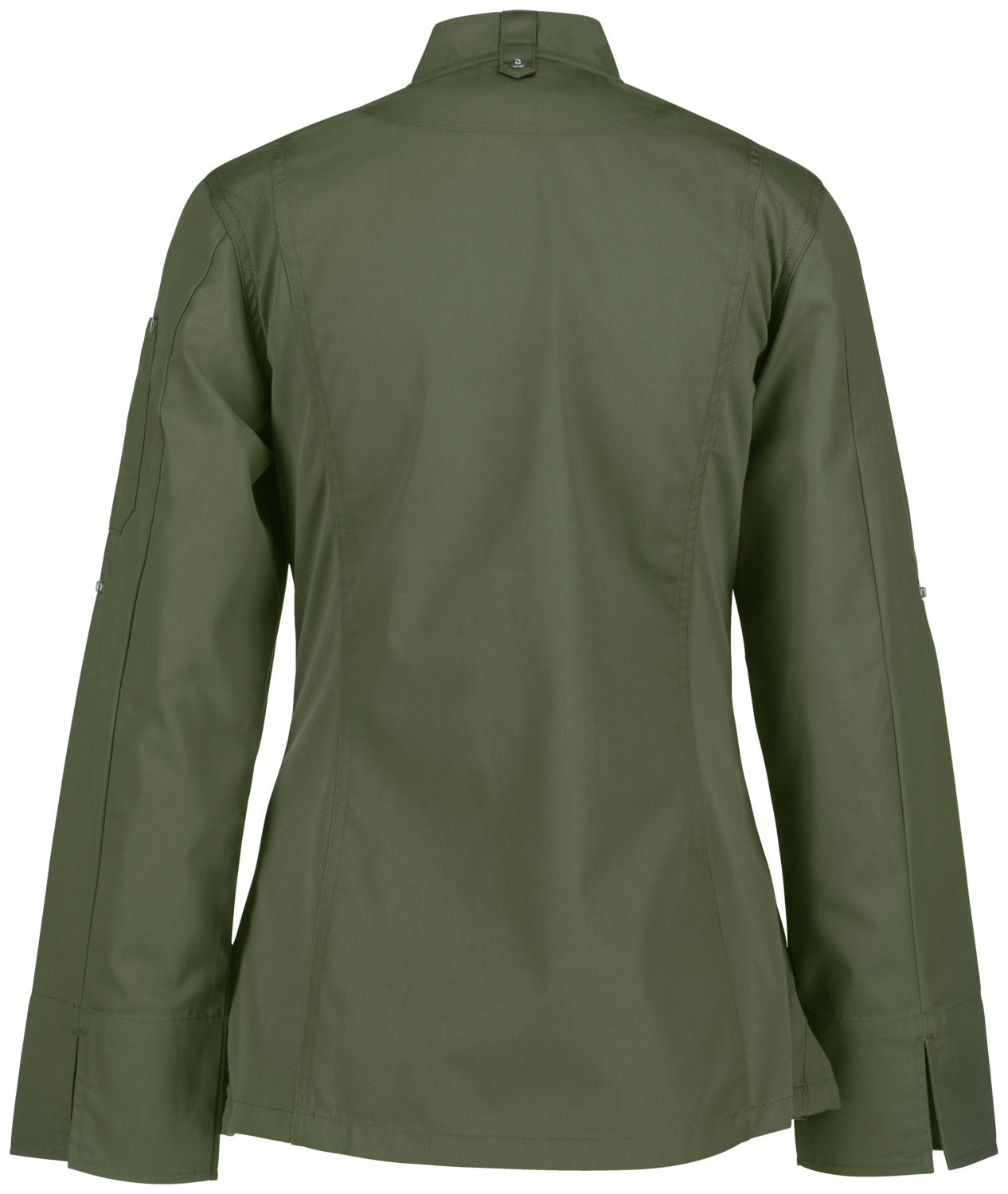 Jobeline Carter Women's Chef Jacket, Long-Sleeved Polyester Cotton Blend, Breathable Mesh Inserts, Roll-up Sleeves, Olive, OEKO-TEX Standard 100