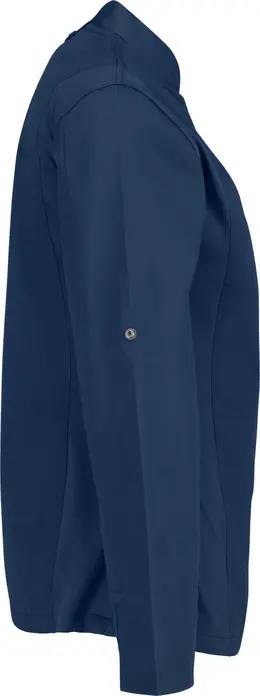 JOBELINE LUSINI Solutions GmbH Women's chef's jacket Carter long-sleeved Damen Kochjacke Carter Langarm Women's chef's jacket Carter long-sleeved; Size 34; navy Damen Kochjacke Carter Langarm; Kleidergröße 34; navy 65 % polyester, 35 % cotton. 150 g/m². 60 °C wash. Long-sleeved women's chef jacket made of extra-lightweight but sturdy fabric. With stand-up collar, breathable mesh inserts on the side, two-section upper arm pocket and bib apron loop in the neck. Closes with snaps in a concealed snap placket. Long sleeves with practical roll-up function. Slightly waisted cut. Back length: 68 cm for size 36. 65 % Polyester, 35 % Baumwolle. 150 g/m². 60°-Wäsche Langärmlige Damenkochjacke aus extra leichtem, aber robustem Gewebe. Mit Stehkragen, atmungsaktiven Mesh-Einsätzen an der Seite, zweigeteilter Oberarmtasche und Latzschürzenschlaufe im Nacken. Verschließbar mit Druckknöpfen in einer verdeckten Druckknopfleiste. Lange Ärmel mit praktischer Roll-Up-Funktion. Leicht tailliert geschnitten. Rückenlänge: 68 cm in Gr. 36