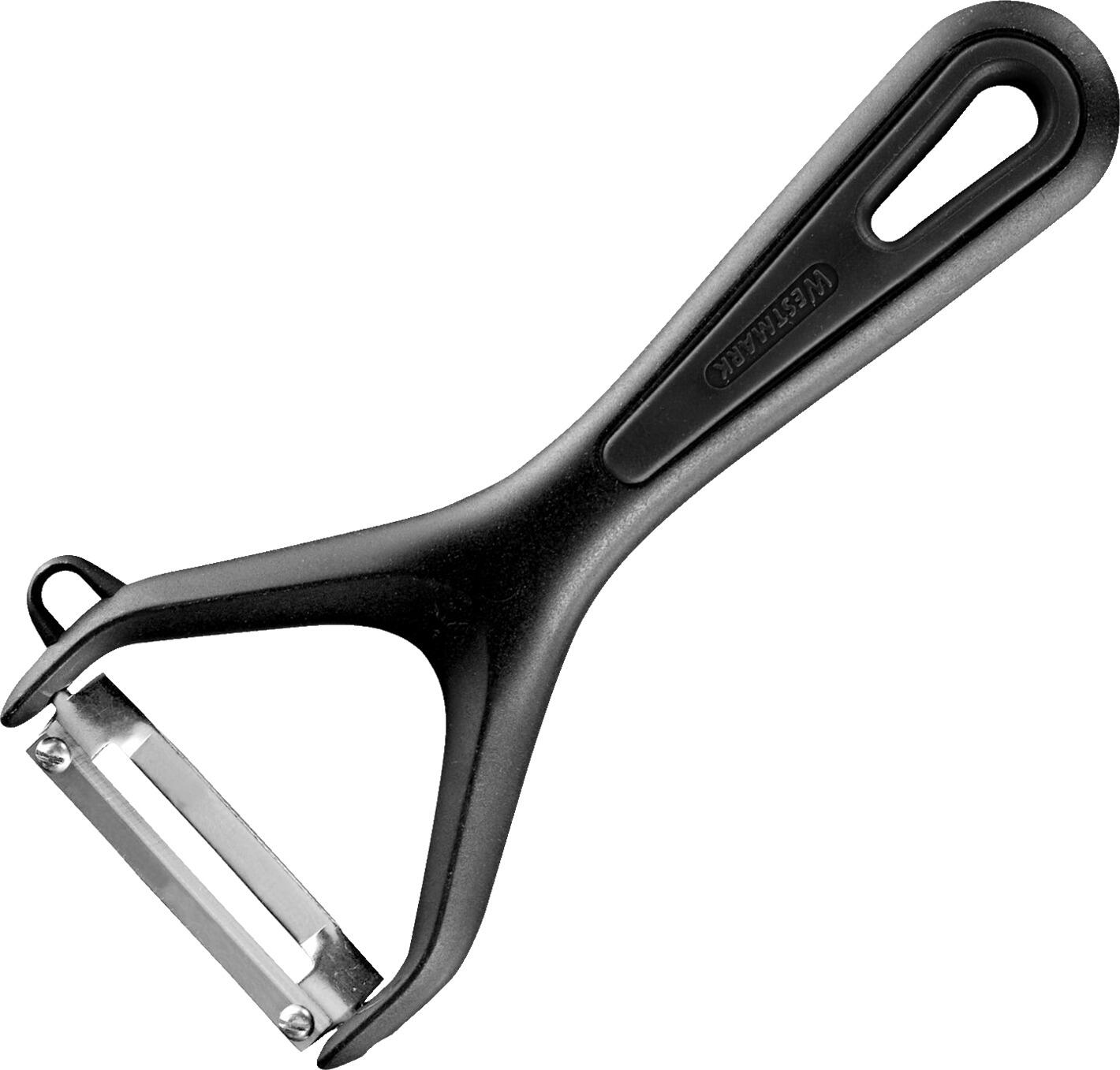 Westmark Westmark GmbH Vegetable/Asparagus peeler Gentle Gemüse-/Spargelschäler Gentle Vegetable/Asparagus peeler Gentle; 15x6.9x1.8 cm (LxWxH); black/silver Gemüse-/Spargelschäler Gentle; 15x6.9x1.8 cm (LxBxH); schwarz/silber Vegetable/Asparagus peeler made of high quality polyamide. Ideally suited for use in coated cookware. Heat resistant up to max. 210 °C. Suitable for dishwasher. Gemüse-/Spargelschäler aus hochwertigem Polyamid. Ideal geeignet für den Einsatz in beschichtetem Kochgeschirr. Hitzebeständig bis max. 210 °C. Spülmaschinengeeignet.