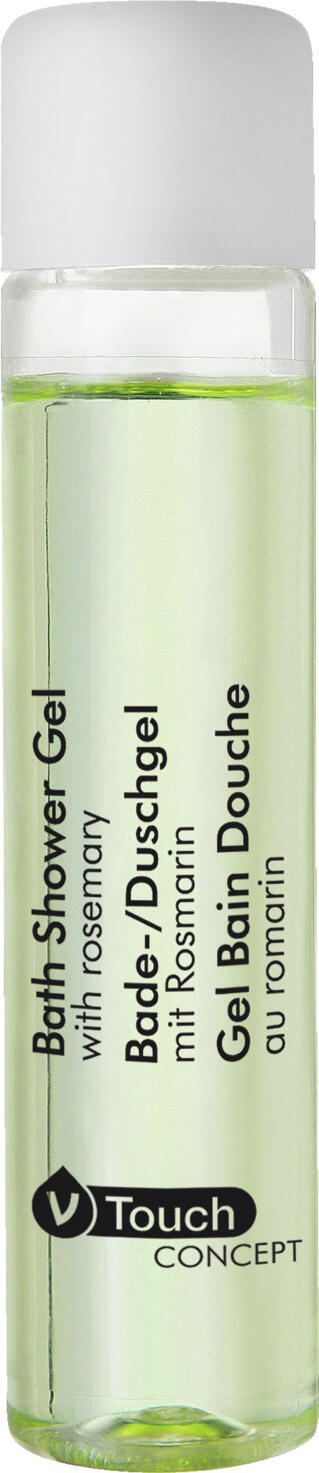 V-Touch LUSINI Solutions GmbH Hotel bath and shower gel Concept neo Hotel Bade- und Duschgel Concept neo Hotel bath and shower gel Concept neo; 30 ml; light-green; 300 piece / pack Hotel Bade- und Duschgel Concept neo; 30 ml; hellgrün; 300 Stück / Pack The fruity-scented V-Touch Concept bath/shower gel is the perfect care product for mild cleansing and gentle care. Suitable for all skin types and can be used on the whole body. The shower gel has a fresh scent of exquisite ingredients such as bergamot, lemon, orange, mint, lavender, geranium, camphor, sandalwood and musk. Enriched with plant extracts of rosemary. Dermatologically tested and pH neutral. Bottle is made from 100% recycled material with screw cap. Order the matching V-Touch Concept body lotion at the same time. Das fruchtig duftende Bade-/Duschgel V-Touch Concept ist das perfekte Pflegeprodukt für milde Reinigung und sanfte Pflege. Für alle Hauttypen geeignet und für den ganzen Körper anwendbar. Das Duschgel duftet frisch nach erlesenen Komponenten wie Bergamotte, Zitrone, Orange, Minze, Lavendel, Geranie, Kampfer, Sandelholz und Moschus. Mit pflanzlichen Extrakten des Rosmarins angereichert. Dermatologisch getestet und pH-neutral. Fläschchen ist aus 100 % recyceltem Material mit Schraubverschluss. Passendes Körperlotion V-Touch Concept gleich mitbestellen.