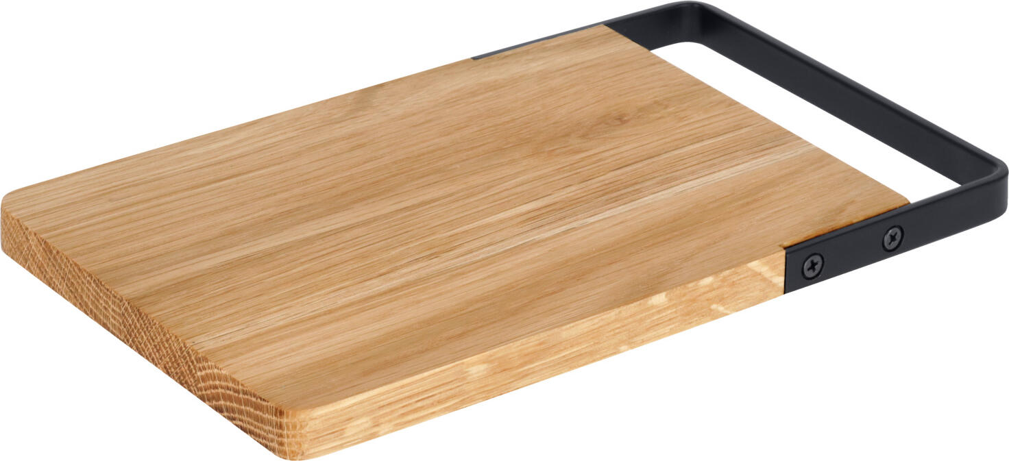 VEGA Esino Food Serving Board, Oiled Oak Wood with Black Steel Handle, Rectangular Brown Wooden Platter, 26 x 16 x 1.5 cm