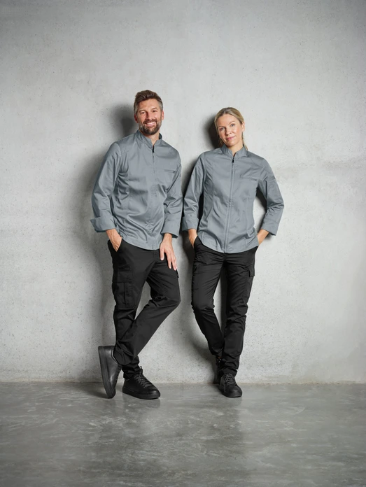 Jacket de Bucatar Jobeline Racer pentru Femei cu Maneca Lunga, Gri, Marime 42, 65% Poliester 35% Bumbac, Material Sportiv Usor cu Panouri de Plasa si Fermoar Central