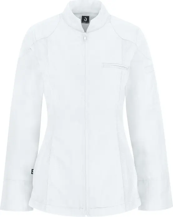 Jobeline Racer Women's Chef Jacket, Size 50, Color White, Long-Sleeved Sporty Lightweight Polyester Cotton Blend, Breathable Mesh Panels, Central Zipper, OEKO-TEX Certified