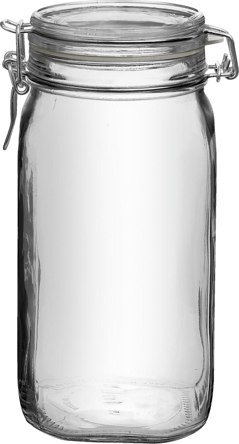 Bormioli Rocco Bormioli Luigi S.p.A. Swing-top jar Fido Herm Bügelverschlussglas Fido Herm Swing-top jar Fido Herm; 1655 ml, 13.1x22 cm (ØxH); transparent; 12 piece / pack Bügelverschlussglas Fido Herm; 1655 ml, 13.1x22 cm (ØxH); transparent; 12 Stück / Pack Swing top glass made of impact-resistant glass with rubber seal and metal handle. Ideal for storing food. Suitable for preserving food with a maximum temperature difference of 42 °C. The glass is dishwasher safe. The seal and the metal ring are not dishwasher safe. Bügelverschlussglas aus stoßfestem Glas mit gummierter Abdichtung und Metallbügel. Ideal zur Aufbewahrung von Lebensmitteln geeignet. Zum Einwecken mit einem maximalen Temperaturunterschied von 42 °C geeignet. Das Glas ist spülmaschinenfest. Die Dichtung und der Metallring sind nicht spülmaschinengeeignet.