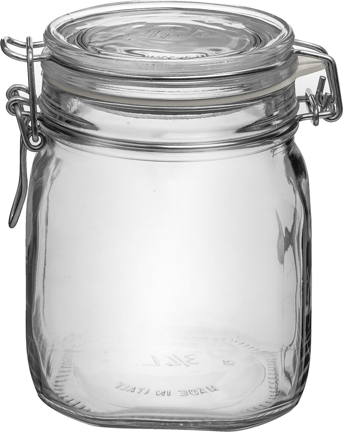 Bormioli Rocco Bormioli Luigi S.p.A. Swing-top jar Fido Herm Bügelverschlussglas Fido Herm Swing-top jar Fido Herm; 750 ml, 13.1x13.6 cm (ØxH); transparent; 12 piece / pack Bügelverschlussglas Fido Herm; 750 ml, 13.1x13.6 cm (ØxH); transparent; 12 Stück / Pack Swing top glass made of impact-resistant glass with rubber seal and metal handle. Ideal for storing food. Suitable for preserving food with a maximum temperature difference of 42 °C. The glass is dishwasher safe. The seal and the metal ring are not dishwasher safe. Bügelverschlussglas aus stoßfestem Glas mit gummierter Abdichtung und Metallbügel. Ideal zur Aufbewahrung von Lebensmitteln geeignet. Zum Einwecken mit einem maximalen Temperaturunterschied von 42 °C geeignet. Das Glas ist spülmaschinenfest. Die Dichtung und der Metallring sind nicht spülmaschinengeeignet.