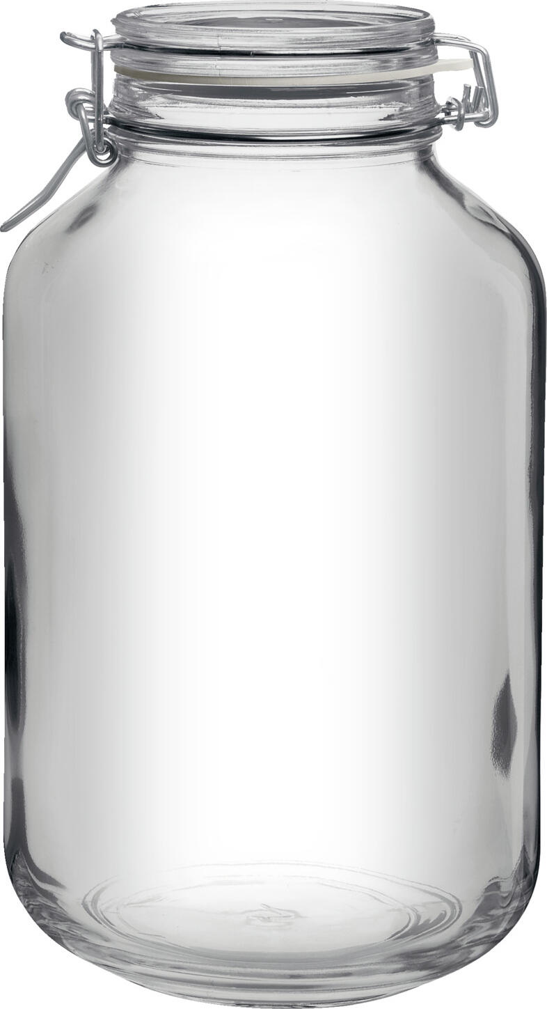 Bormioli Rocco Bormioli Luigi S.p.A. Swing-top jar Fido Herm Bügelverschlussglas Fido Herm Swing-top jar Fido Herm; 4019 ml, 16x27.9 cm (ØxH); transparent; 6 piece / pack Bügelverschlussglas Fido Herm; 4019 ml, 16x27.9 cm (ØxH); transparent; 6 Stück / Pack Swing top glass made of impact-resistant glass with rubber seal and metal handle. Ideal for storing food. Suitable for preserving food with a maximum temperature difference of 42 °C. The glass is dishwasher safe. The seal and the metal ring are not dishwasher safe. Bügelverschlussglas aus stoßfestem Glas mit gummierter Abdichtung und Metallbügel. Ideal zur Aufbewahrung von Lebensmitteln geeignet. Zum Einwecken mit einem maximalen Temperaturunterschied von 42 °C geeignet. Das Glas ist spülmaschinenfest. Die Dichtung und der Metallring sind nicht spülmaschinengeeignet.