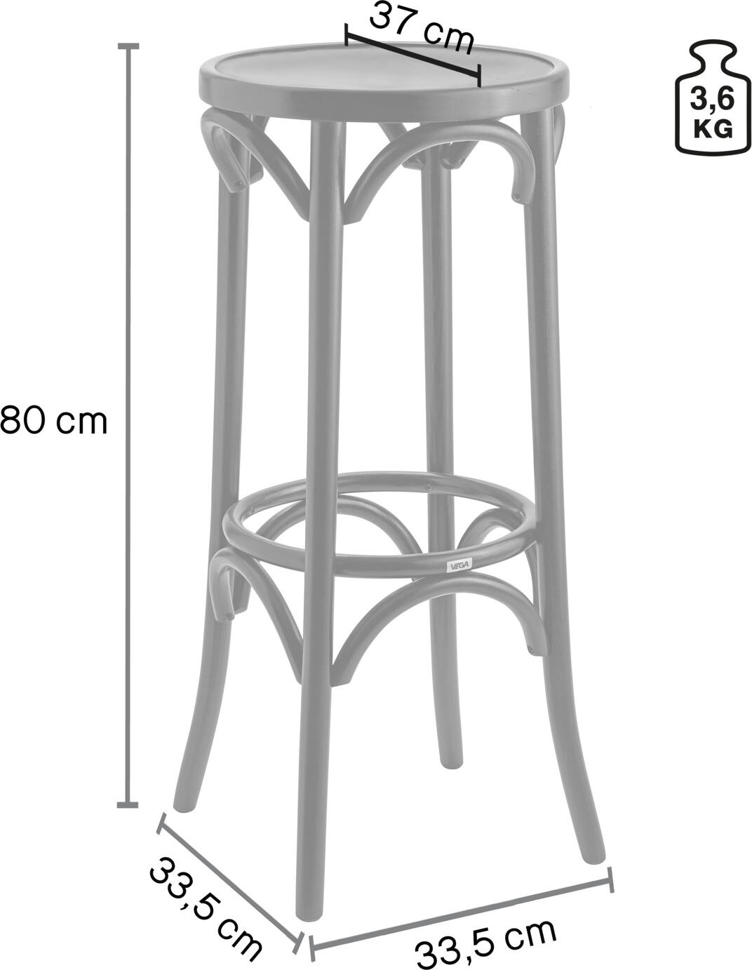 VEGA Wilhelm Bar Stool, Black, Solid Beech Wood Bentwood Construction, 80 cm Height, 37x37 cm Seat, Integrated Footrests, FSC-certified, Assembled