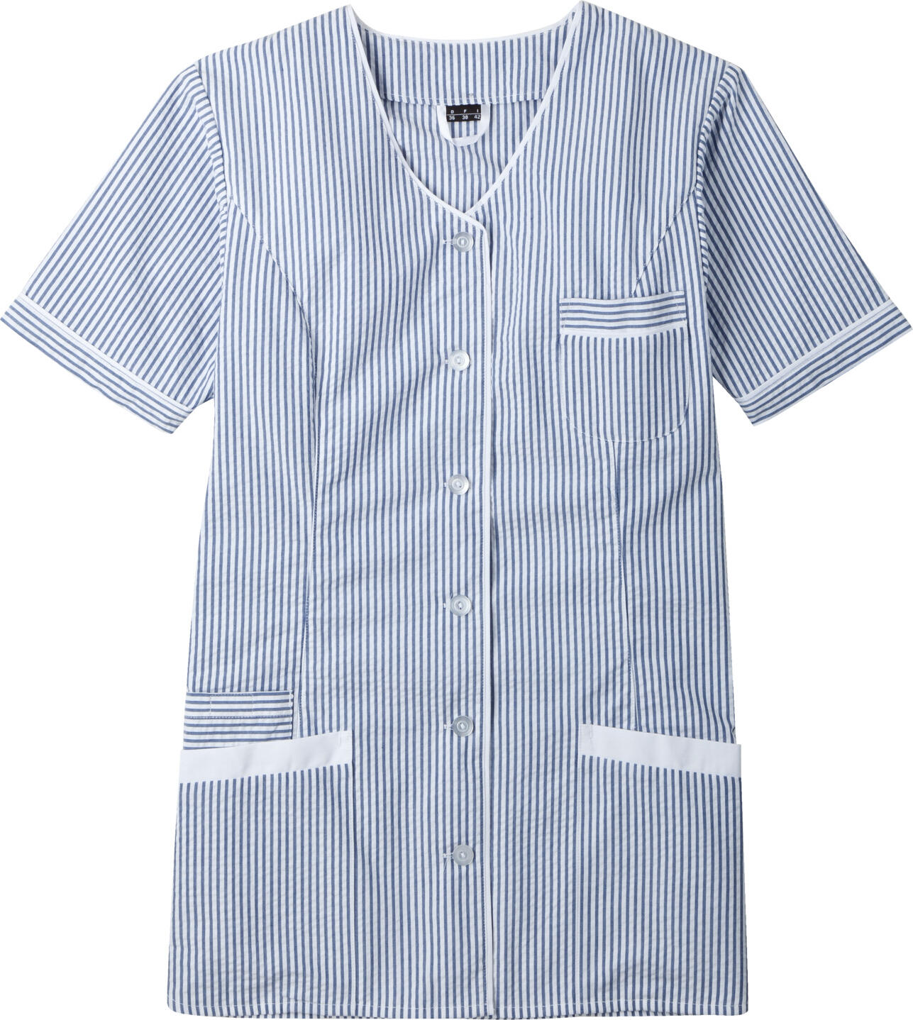 JOBELINE LUSINI Solutions GmbH Women's tunic Veda striped Damenkasack Veda gestreift Women's tunic Veda striped; Size 36; blue/white Damenkasack Veda gestreift; Kleidergröße 36; blau/weiß 60 % polyester, 40 % cotton. 60 °C wash. Easy-care tunic made of subtly striped seersucker material, with 2 large patch pockets incl. integrated cell phone pocket on the right and breast pocket. Buttoned throughout. Casual fit. Back length: 73 cm for size 36. 60 % Baumwolle, 40 % Polyester. 60°-Wäsche. Kasack aus pflegeleichtem, dezent gestreiftem Seersucker- Material, mit 2 großen aufgesetzten Taschen inkl. integrierter Handytasche rechts und Brusttasche. Durchgängig geknöpft. Legere Passform. Rückenlänge: 73 cm in Gr. 36