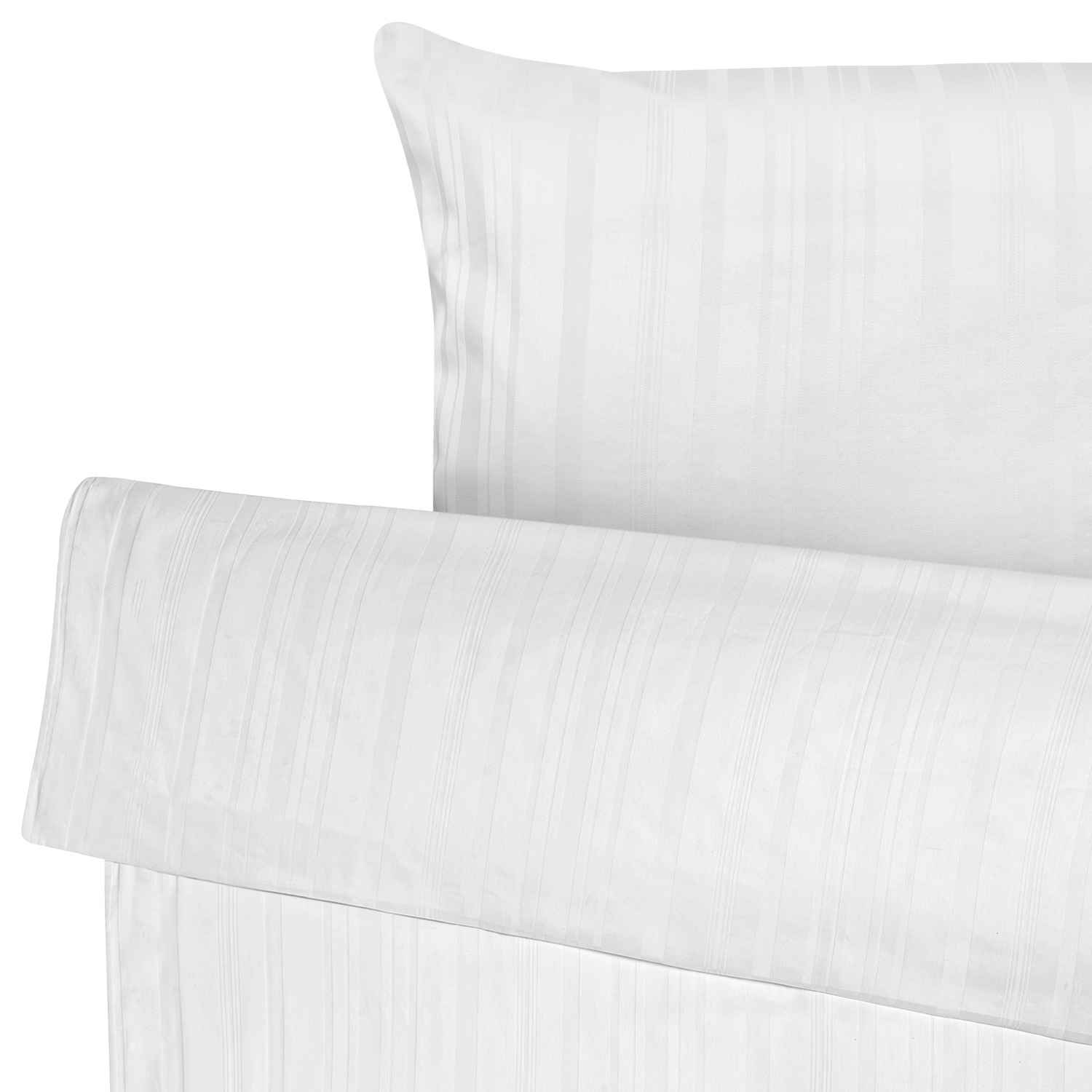 ERWIN M. LUSINI Solutions GmbH Bed linen set Trient Bettwäsche-Set Trient Bed linen set Trient; 135x200 cm (WxL), 80x80 cm (LxW); white Bettwäsche-Set Trient; 135x200 cm (BxL), 80x80 cm (LxB); weiß 80% cotton, 20% polyester. Weight approx. 130 g/m². Elegant bed linen with a striped design in a hard-wearing blended fabric. Quick-drying and easy to iron. Thread count (TC) -thread density: 180 threads per inch. Weave type: Satin 80 % Baumwolle, 20 % Polyester. Gewicht ca. 130 g/m². Elegante Bettwäsche mit Streifenmuster aus strapazierfähigem Mischgewebe. Schnelltrocknend und bügelleicht. Thread Count (TC) -Fadendichte: 180 Fäden je Inch Webart: Satin