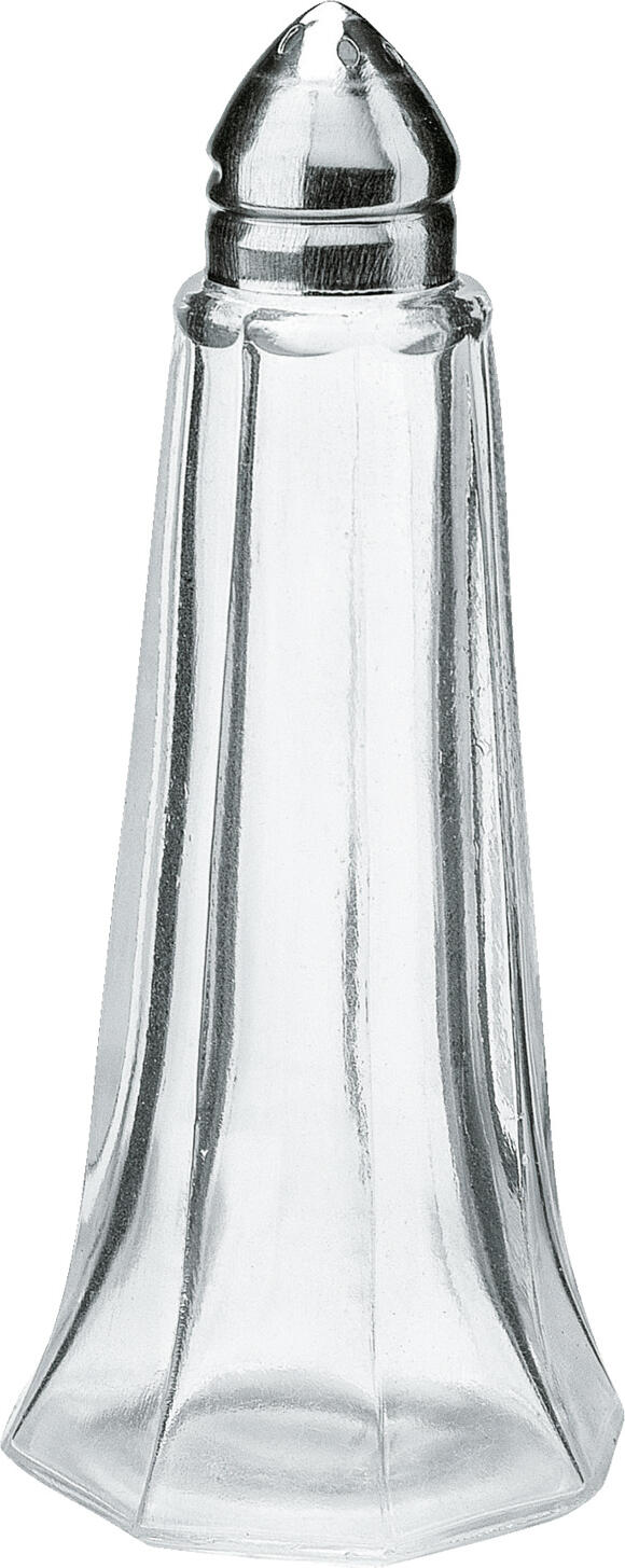 PULSIVA LUSINI Solutions GmbH Salt/pepper shaker Concorde Salz-/Pfefferstreuer Concorde Salt/pepper shaker Concorde; 11.5 cm (H); silver/transparent; 10 piece / pack Salz-/Pfefferstreuer Concorde; 11.5 cm (H); silber/transparent; 10 Stück / Pack Salt/pepper shaker made of high quality glass. Wide base, narrowing towards the top. Provided with longitudinal edges all around and pointed cap made of chrome-plated aluminum. Excellent workmanship and quality. Pleasant to the touch. Robust. Easy to clean. Salz-/Pfefferstreuer aus hochwertigem Glas. Breite Basis, nach oben hin schmaler werdend. Ringsum mit Längskanten versehen und spitze Kappe aus verchromtem Aluminium. Hervorragende Verarbeitung und Qualität. Angenehme Haptik. Robust. Pflegeleicht.