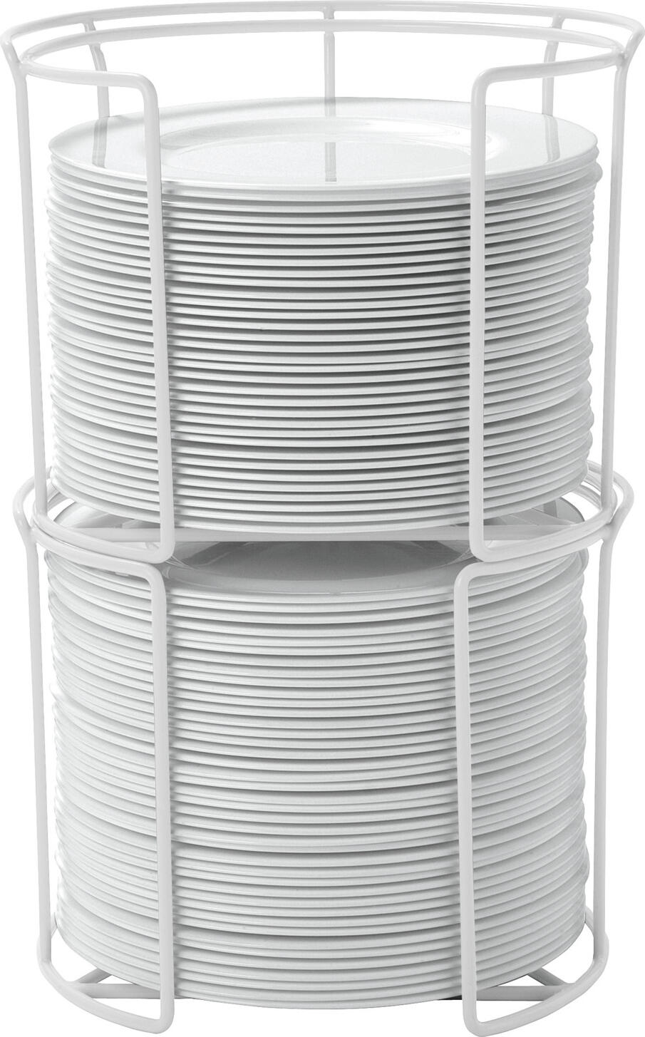 PULSIVA LUSINI Solutions GmbH Plate dispenser for 24 plates Tellerspender für 24 Teller Plate dispenser for 24 plates; 29.9x27.8 cm (ØxH); white Tellerspender für 24 Teller; 29.9x27.8 cm (ØxH); weiß With this practical plate dispenser you can safely store plates when you want to store or transport the dishes. The round steel frame is coated with plastic and absolutely gentle to the plates inside. The dishes are placed in the insert from above, held securely and cannot fall out. The plate holder is suitable, for example, for use in transport boxes and as a plate dispenser in the canteen or for catering and party services. * Plate dispenser for storage and transport of plates * Sturdy round steel frame holds plates securely in place * White plastic coating has a shock-absorbing effect and protects the dishes * Good for storage and transport * Also suitable for serving plates at buffets and parties * Available in many sizes - suitable for all common horeca plate sizes The steel plate dispenser is an extremely useful helper, especially for catering businesses that need to transport dishes frequently. For storage in the house, the plate racks are also excellent. The possibilities of use are manifold. Order the matching transport boxes at the same time. Furthermore, you will also find cup dispensers in our range. Mit diesem praktischen Tellerspender bringen Sie Teller sicher unter, wenn Sie das Geschirr lagern oder transportieren möchten. Das Rundstahlgestell ist mit Kunststoff beschichtet und absolut schonend zu den darin befindlichen Tellern. Das Geschirr wird von oben in den Einsatz gelegt, sicher festgehalten und kann nicht herausfallen. Der Tellerhalter eignet sich zum Beispiel für die Verwendung in Transportboxen und als Tellerspender in der Kantine oder für Catering- und Partyservices. In den Tellerspender passen 24 Teller (bei einer Tellerhöhe von ca. 3 cm). Der maximale Durchmesser der Teller darf 28 cm nicht überschreiten. * Tellerspender zur Aufbewahrung und zum Transport von Tellern * stabiles Rundstahl-Gestell hält Teller sicher fest * weiße Kunststoffbeschichtung wirkt stoßdämpfend und schont das Geschirr * gut für Lagerung und zum Transport * auch als Tellerausgabe an Buffets und auf Partys geeignet * in vielen Größen erhältlich – passend für alle gängigen Gastro-Tellerformate Der Stahltellerspender ist ein überaus nützlicher Helfer, vor allem für gastronomische Betriebe, die häufig Geschirr transportieren müssen. Zur Lagerung im Haus sind die Tellerständer ebenfalls ausgezeichnet geeignet. Die Einsatzmöglichkeiten sind vielfältig. Bestellen Sie auch gleich die passenden Transportboxen mit. Weiterhin finden Sie auch Tassenspender in unserem Sortiment.