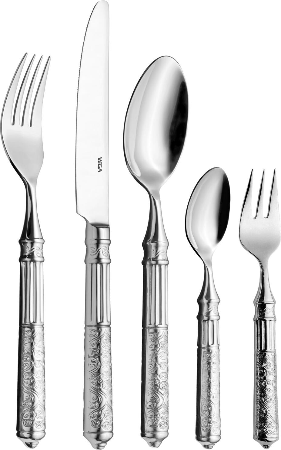 VEGA Marokko Cake Fork Set, 18/10 Chrome-Nickel Stainless Steel, Mirror Polished, Round Hollow Handle with Embossed Decor, 15 cm, Silver