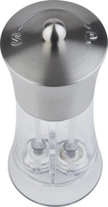 APS 2-in-1 Salt and Pepper Mill, Dual-Chamber Adjustable Ceramic Grinder, Stainless Steel and Acrylic, 7.5 x 19 cm, Silver and Transparent