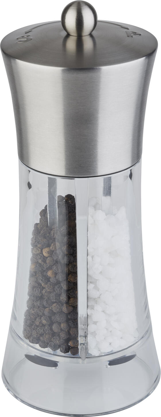 APS 2-in-1 Salt and Pepper Mill, Dual-Chamber Adjustable Ceramic Grinder, Stainless Steel and Acrylic, 7.5 x 19 cm, Silver and Transparent