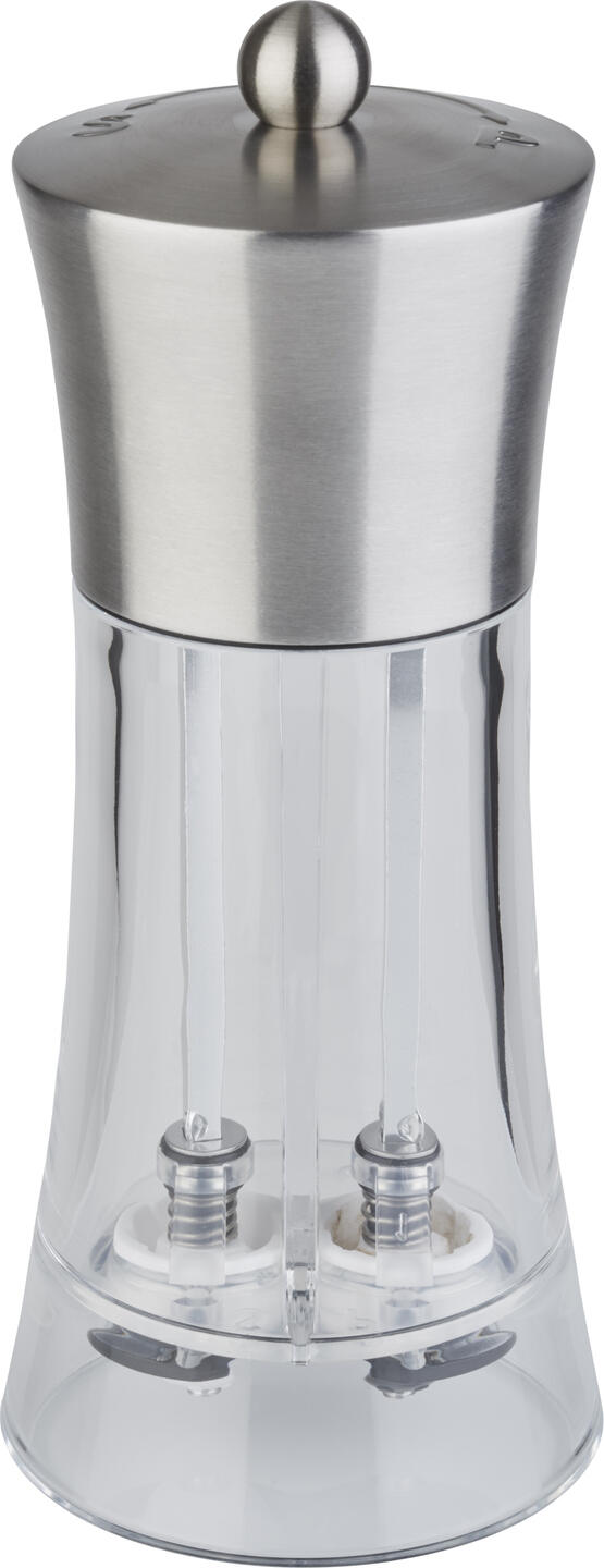 APS 2-in-1 Salt and Pepper Mill, Dual-Chamber Adjustable Ceramic Grinder, Stainless Steel and Acrylic, 7.5 x 19 cm, Silver and Transparent