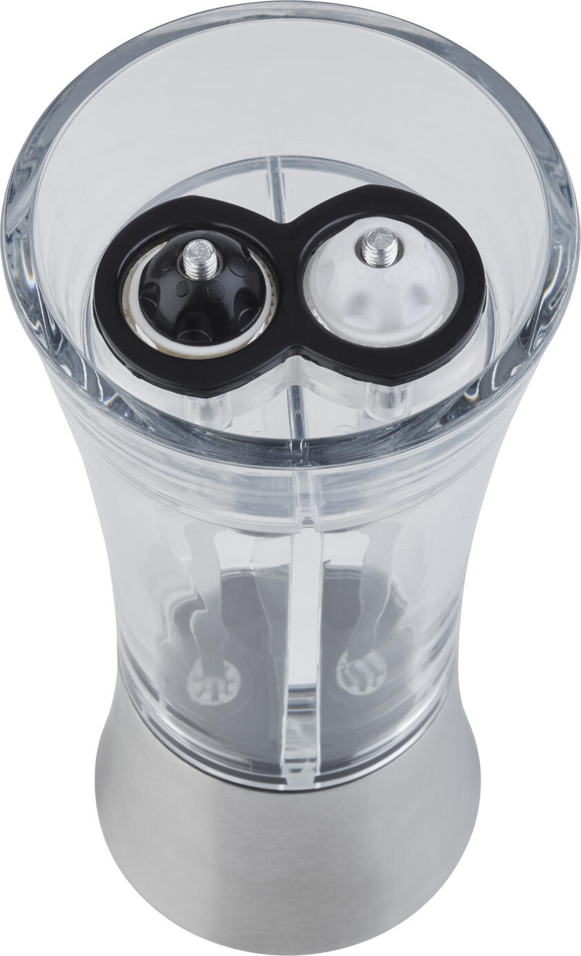 APS 2-in-1 Salt and Pepper Mill, Dual-Chamber Adjustable Ceramic Grinder, Stainless Steel and Acrylic, 7.5 x 19 cm, Silver and Transparent
