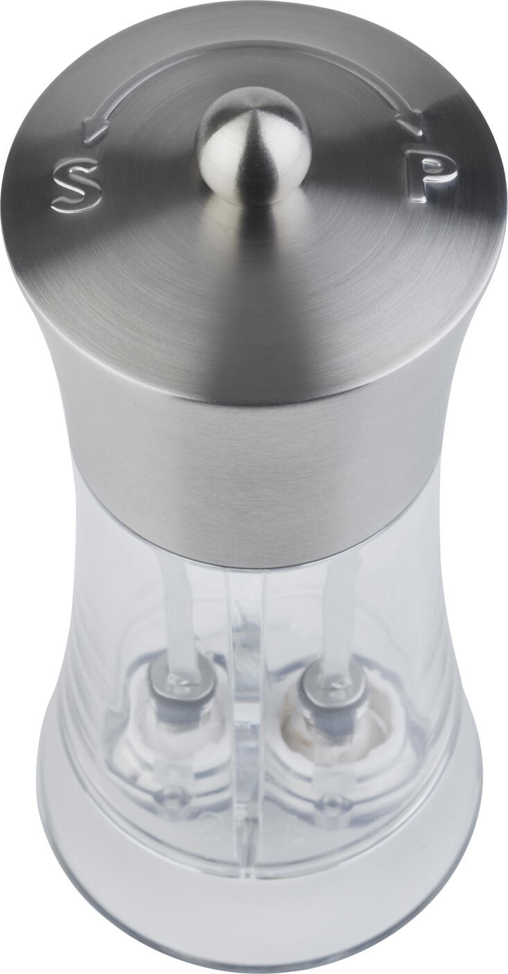 APS 2-in-1 Salt and Pepper Mill, Dual-Chamber Adjustable Ceramic Grinder, Stainless Steel and Acrylic, 7.5 x 19 cm, Silver and Transparent