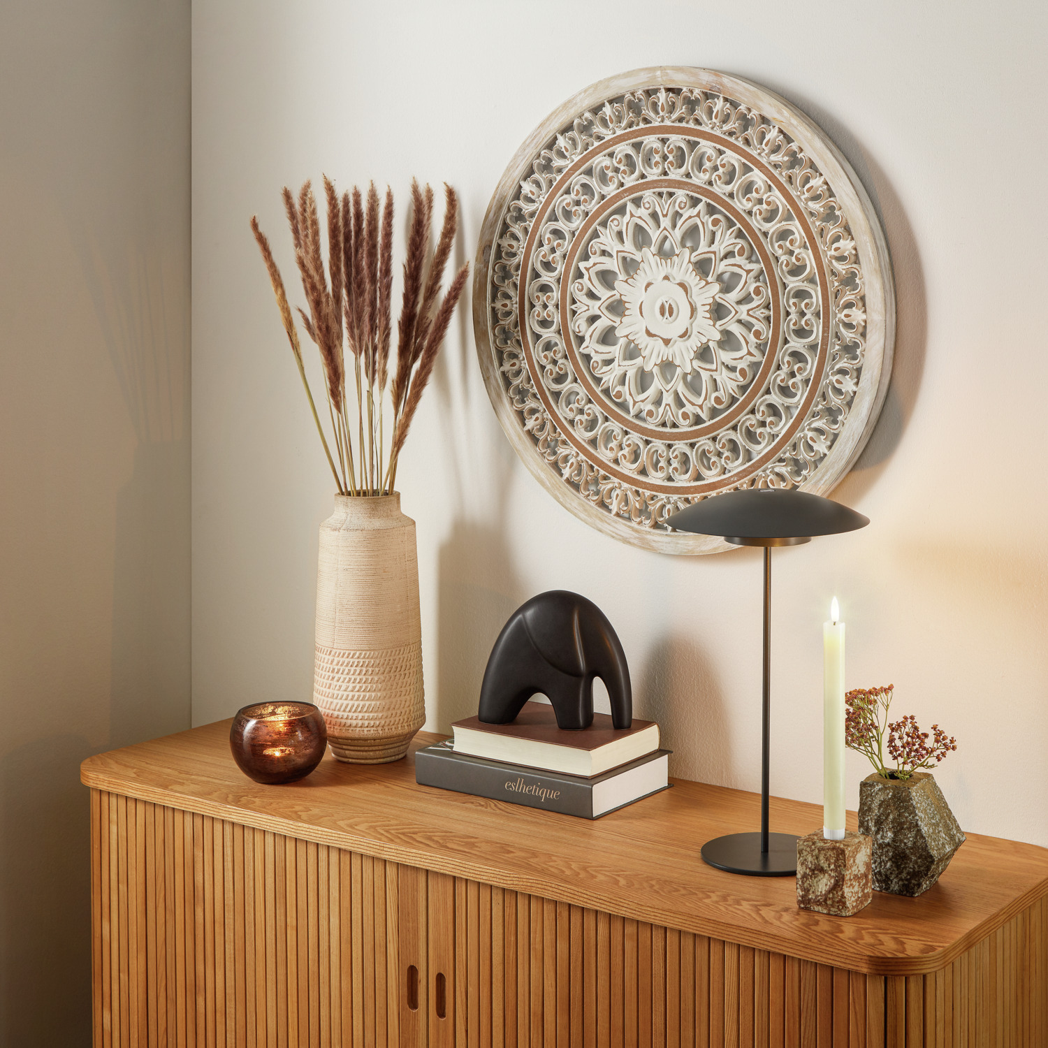 Vega Ahmadi Vase, Ceramic Stone-look Finish, Beige, Waterproof, 14 cm Diameter, 33 cm Height