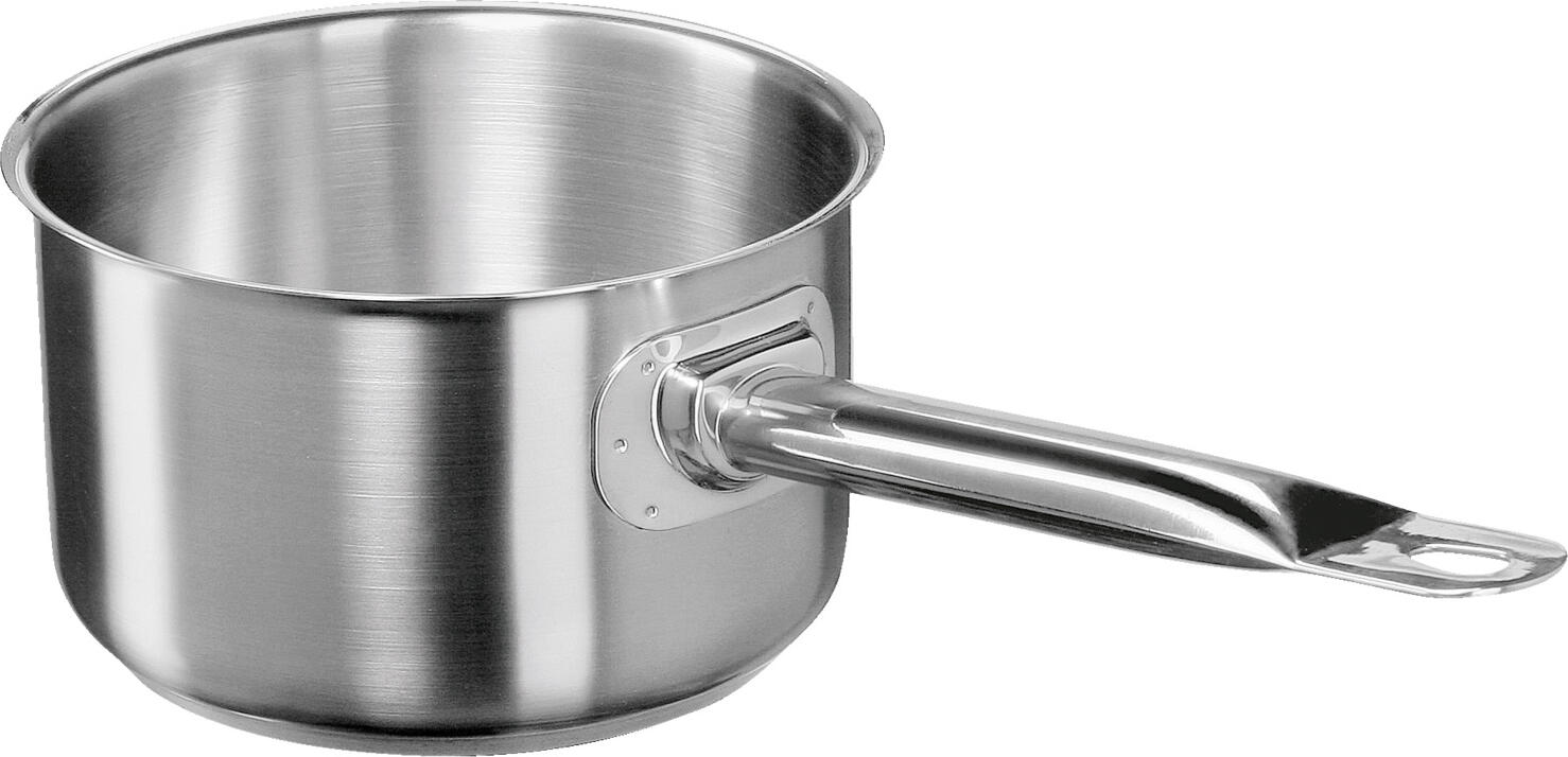 VEGA LUSINI Solutions GmbH Saucepan  Professional Stielkasserolle Professional Saucepan  Professional; 1.9 l, 16x10 cm (ØxH); silver; round Stielkasserolle Professional; 1.9 l, 16x10 cm (ØxH); silber; rund Matt brushed 18/10 chrome nickel stainless steel saucepan with pouring rim for drip-free pouring. Spot-welded solid handles prevent you from getting burned when lifting. Thick stainless steel bottom with 6 mm aluminum in sandwich technique for better heat conduction and storage. Suitable for all types of stoves. Supplied without lid. Suitable for dishwasher. Matt gebürstete Stielkasserolle aus Chrom-Nickel-Edelstahl 18/10, rostfrei, mit Schüttrand zum tropffreien Ausgießen. Punktgeschweißte, massive Griffe verhindern, dass man sich beim Anheben verbrennt. Dicker Edelstahlboden mit 6 mm Aluminium in Sandwich-Technik für eine bessere Wärmeleitung und -speicherung. Für alle Herdarten geeignet. Lieferung ohne Deckel. Spülmaschinengeeignet.