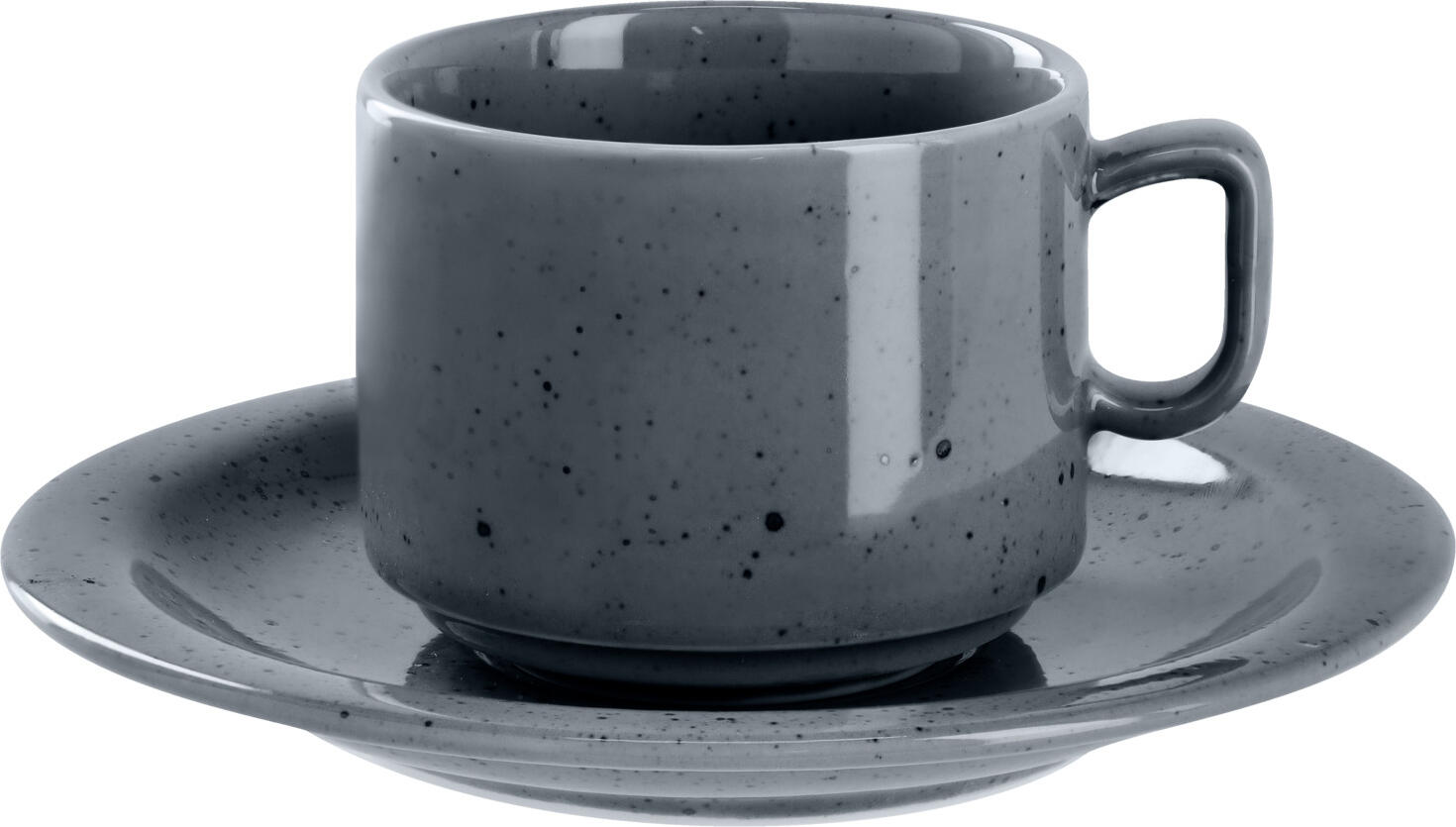 VEGA LUSINI Solutions GmbH Coffee cup Alessia Kaffeetasse Alessia Coffee cup Alessia; 190 ml, 7.5x6.3 cm (ØxH); grey; round; 6 piece / pack Kaffeetasse Alessia; 190 ml, 7.5x6.3 cm (ØxH); grau; rund; 6 Stück / Pack Colorful porcelain coffee cup with irregular speckles. Combi saucer fits all sizes of cups. Mug and cups stackable (even together). Dishwasher safe and microwaveable. Farbige Kaffeetasse aus Porzellan mit unregelmäßigen Sprenkeln. Die Kombi-Untertasse passt zu allen Tassengrößen. Becher und Tassen stapelbar (auch zusammen). Spülmaschinenfest und mikrowellengeeignet.