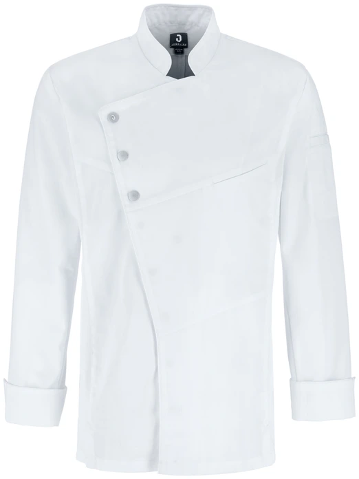 JOBELINE LUSINI Solutions GmbH Men's chef's jacket Lewis long-sleeved Herren Kochjacke Lewis Langarm Men's chef's jacket Lewis long-sleeved; Size 60; white Herren Kochjacke Lewis Langarm; Kleidergröße 60; weiß 65% polyester, 35% cotton. 150 g/m². 60°C wash. Elegant long-sleeved men's chef jacket made from an extra-light and breathable fabric, with piping around the front and collar. Particularly breathable and comfortable thanks to opaque and elastic piqué inserts on the sides and undersleeves. With a short, classic stand-up collar, snap button fastening and a two-part upper arm pocket. With an inset seam pocket on the chest and a practical bib apron loop in the neck. The sleeves are finished with a classic turn-up cuff. Slightly tailored cut. Back length: 78 cm for size 50. 65 % Polyester, 35 % Baumwolle. 150 g/m². 60°-Wäsche Elegante langärmlige Herrenkochjacke aus einem extraleichten und atmungsaktiven Gewebe, mit umlaufendem Paspel in der Front und am Kragen. Besonders atmungsaktiv und bequem durch blickdichte und elastische Piqué-Einsätze an den Seiten und den Unterärmeln. Mit einem kurzen klassischen Stehkragen, Druckknopfverschluss, sowie einer zweigeteilten Oberarmtasche. Mit einer eingelassenen Nahttasche auf der Brust und praktischer Latzschürzenschlaufe im Nacken. Den Ärmelabschluss bildet eine klassische Umschlagmanschette. Leicht tailliert geschnitten. Rückenlänge: 78 cm in Gr. 50