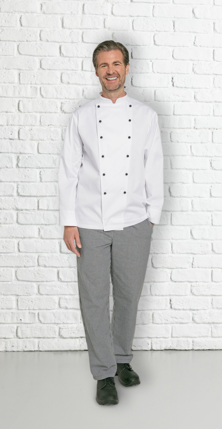 Pulsiva Realo Unisex Chef Jacket, Long Sleeve, Double-Breasted 6-Button Closure, 65% Polyester 35% Cotton, 185 g/m², White