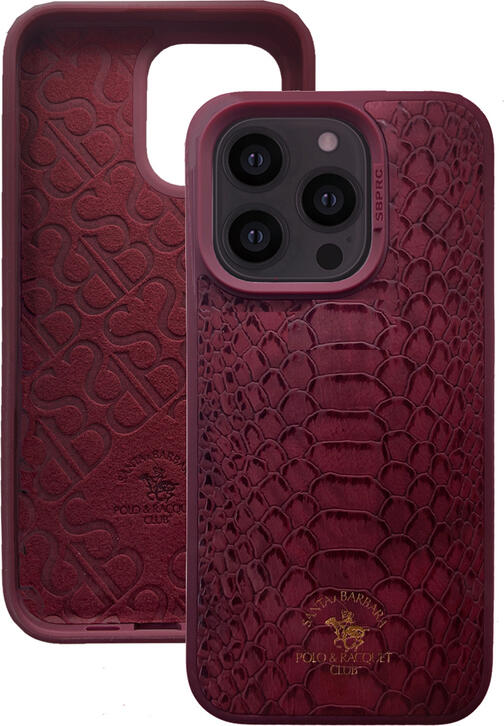 Santa Barbara Polo & Racquet Club Knight Phone Case for iPhone 17 Pro Series, Red, Textured Reptile Snakeskin Pattern with Embossed Logo, Protective Cover