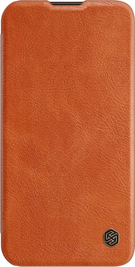 Nillkin Qin Pro Genuine Leather Case for iPhone 15 Plus, Brown Premium PU Leather & TPU Flip Cover with Slide Camera Protection and Integrated Card Slots