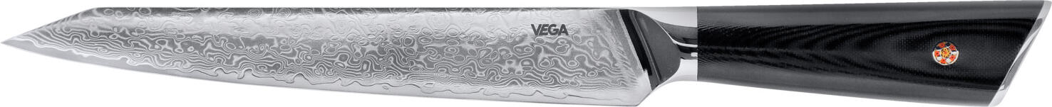 VEGA LUSINI Solutions GmbH Carving knife Aurora Tranchiermesser Aurora Carving knife Aurora; Blade length 20 cm, 33.5 cm (L); black Tranchiermesser Aurora; Klingenlänge 20 cm, 33.5 cm (L); schwarz High-quality carving knife with extremely sharp Damascus steel blade consisting of 67 layers. Perfect 15 ° angle blade double-sided. Ergonomic handle made of G10 material. Very hard 20 cm long blade with high edge retention. Hochwertiges Trangiermesser mit extrem scharfer Klinge aus Damaszener Stahl bestehend aus 67 Schichten. Perfekte 15° Winkel-Klinge doppelseitig. Ergonomischer Griff aus G10 Material. Sehr harte 20 cm lange Klinge mit hoher Schnitthaltigkeit.