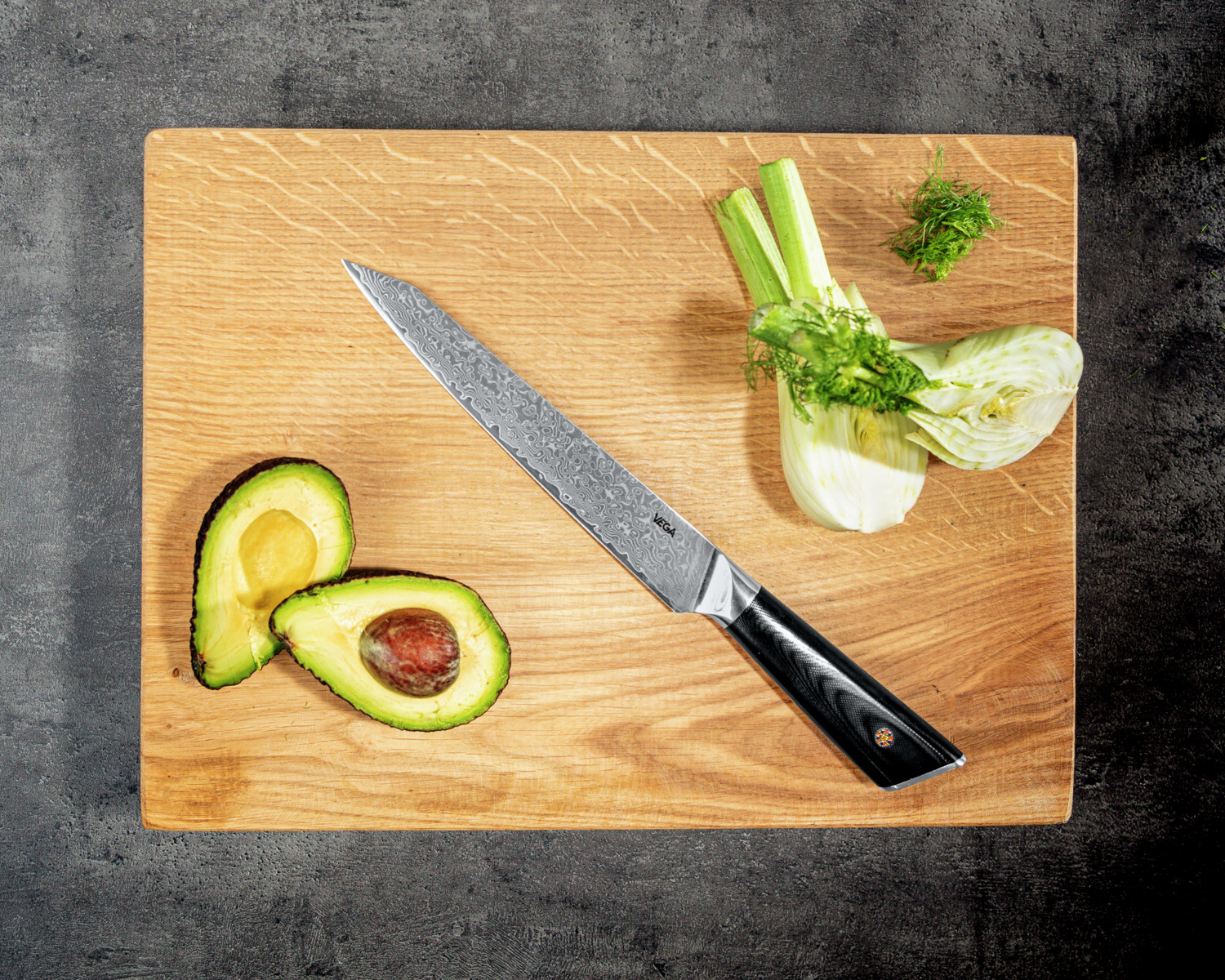VEGA Aurora Damascus Steel Carving Knife, 67 Layer Blade, 33.5 cm Total Length, 15 Degree Double-Sided Edge, Ergonomic G10 Handle, Professional Kitchen Cutlery