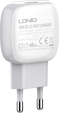 Încărcător de perete Ldnio A1306Q Încărcare Rapidă 18W Max Quick Charge 3.0 QC3.0 Port USB Priza EU Carcasă PC Ignifugă cu Cablu de Încărcare Type-C Set de 2 piese