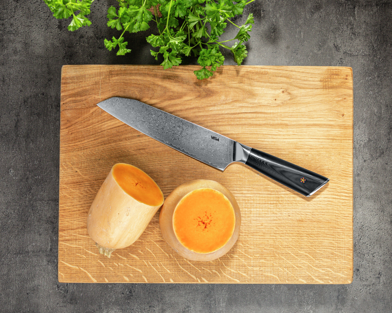VEGA Aurora Santoku Damascus Steel Knife, 18 cm Blade, 67 Layer, 15 Degree Double-Sided Edge, Ergonomic G10 Handle, Professional Kitchen Cutlery