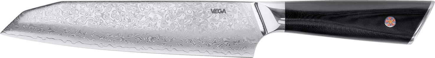 VEGA LUSINI Solutions GmbH Santoku knife Aurora Santokumesser Aurora Santoku knife Aurora; Blade length 18 cm, 33 cm (L); black Santokumesser Aurora; Klingenlänge 18 cm, 33 cm (L); schwarz High-quality Santoku knife with extremely sharp Damascus steel blade consisting of 67 layers. Perfect 15° angle blade double-sided. Ergonomic handle made of G10 material. Very hard 18 cm long blade with high edge retention. Hochwertiges Santokumesser mit extrem scharfer Klinge aus Damaszener Stahl bestehend aus 67 Schichten. Perfekte 15° Winkel-Klinge doppelseitig. Ergonomischer Griff aus G10 Material. Sehr harte 18 cm lange Klinge mit hoher Schnitthaltigkeit.