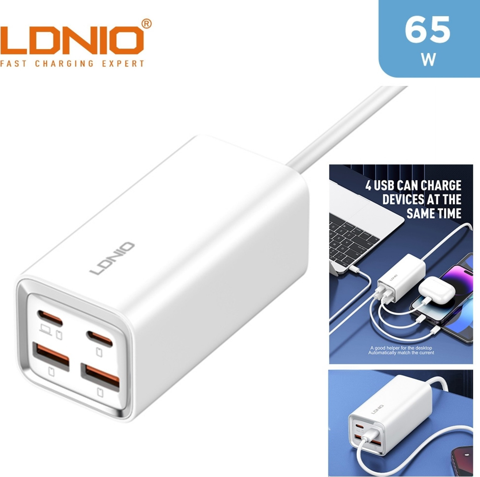 LDNIO A4610C Statiune de Incarcare Desktop 65W, 2x USB-C PD, 2x USB-A QC3.0, PPS, AFC, FCP, SCP, VOOC, Priza EU, Alb