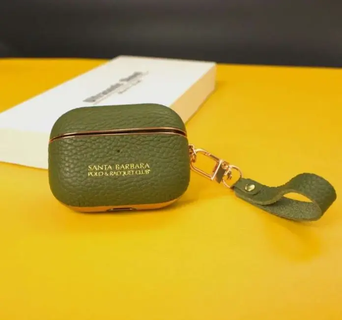 Santa Barbara Polo & Racquet Club Ritchie Case for AirPods Pro, Textured Leather Protective Cover with Gold Carabiner and Strap