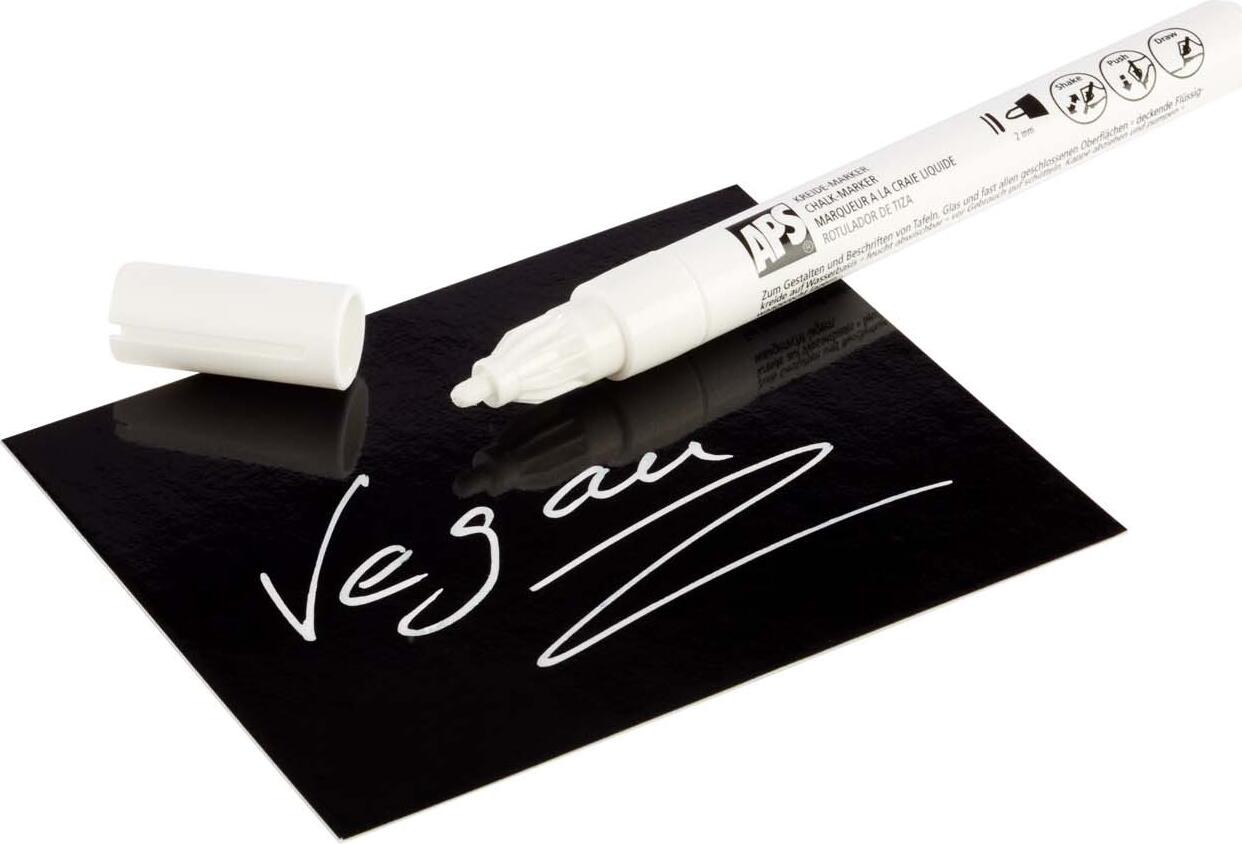 APS Liquid Chalk Marker, White, 2mm Tip, Wet-Wipeable Opaque Ink for Glass, Chalkboards and Smooth Surfaces, Made in Germany, 2 Pack
