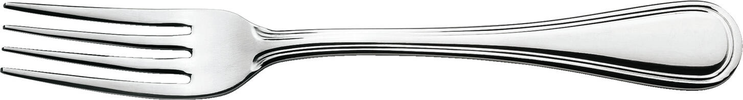 VEGA LUSINI Solutions GmbH Starter/Dessert fork San Remo Vorspeisen-/Dessertgabel San Remo Starter/Dessert fork San Remo; 17.4 cm (L); silver, handle silver; 12 piece / pack Vorspeisen-/Dessertgabel San Remo; 17.4 cm (L); silber, Griff silber; 12 Stück / Pack Chrome-nickel stainless steel 18/10. Classic starter/dessert fork. Mirror polished. Material thickness 3 mm (measured at the strongest point of the table fork). Dishwasher safe. Chrom-Nickel-Edelstahl 18/10, rostfrei. Klassische Vorspeisen-/Dessertgabel. Hochglanzpoliert. Gastronomiegerechte Materialstärke 3 mm (gemessen an der stärksten Stelle der Menügabel). Spülmaschinenfest.