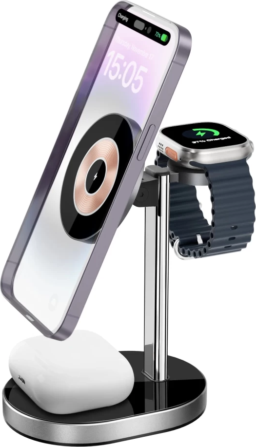 Incarcator Wireless 3in1 WIWU Light Shadow Wi-W003, Statie de Incarcare Magnetica 15W pentru iPhone 12-15, Apple Watch si AirPods, Aliaj Aluminiu si Acrilic