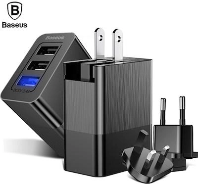 Универсальное дорожное зарядное устройство Baseus 3U 17W, общий ток 3.4A, 3 USB порта, AC 100-240V, сменные вилки US EU UK CN, поликарбонат, черный