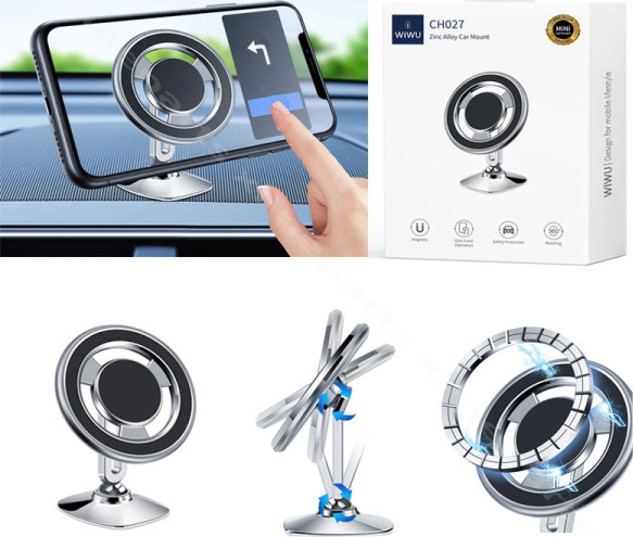 WIWU CH027 Zinc Alloy Car Magnetic Rotating Bracket, 360 Degree Rotation, MagSafe Compatible, for 4-6.7 inch Smartphones, 3M Adhesive Mount