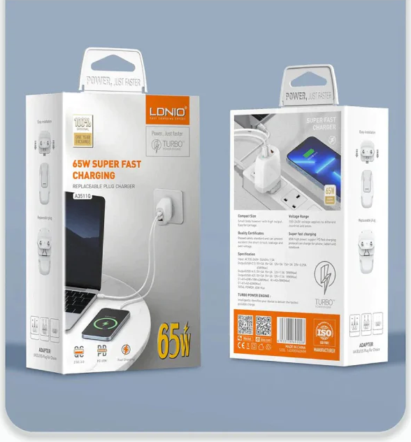 LDNIO A3511Q 65W GaN Fast Charger, 3-Port USB-C and USB-A Wall Adapter, PD 3.0, QC 4+, PPS Support, Fire-proof PC, Replaceable Plug, with USB-C Cable