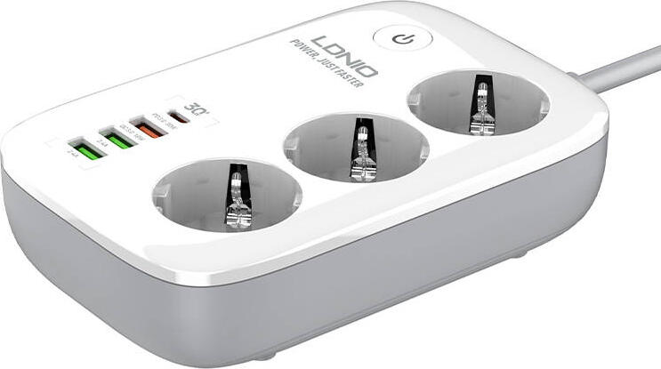 Prelungitor Inteligent Wi-Fi LDNIO SEW3452, 3 Prize EU, 4 Porturi USB (USB-C PD 30W, QC 3.0 18W), Control Aplicatie Tuya, 2500W, Cablu 2m, Alb
