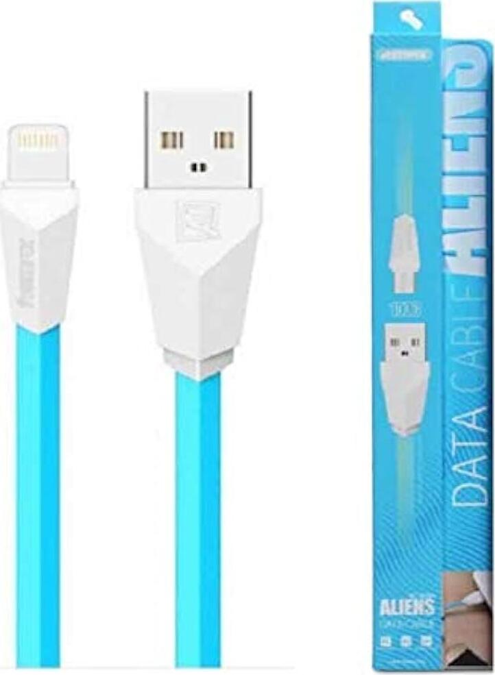 Remax Aliens RC-030i USB to Lightning Cable 1m, 2.1A Fast Charging, Tangle-Resistant Flat PVC Cord for Apple iPhone iPad iPod, Blue