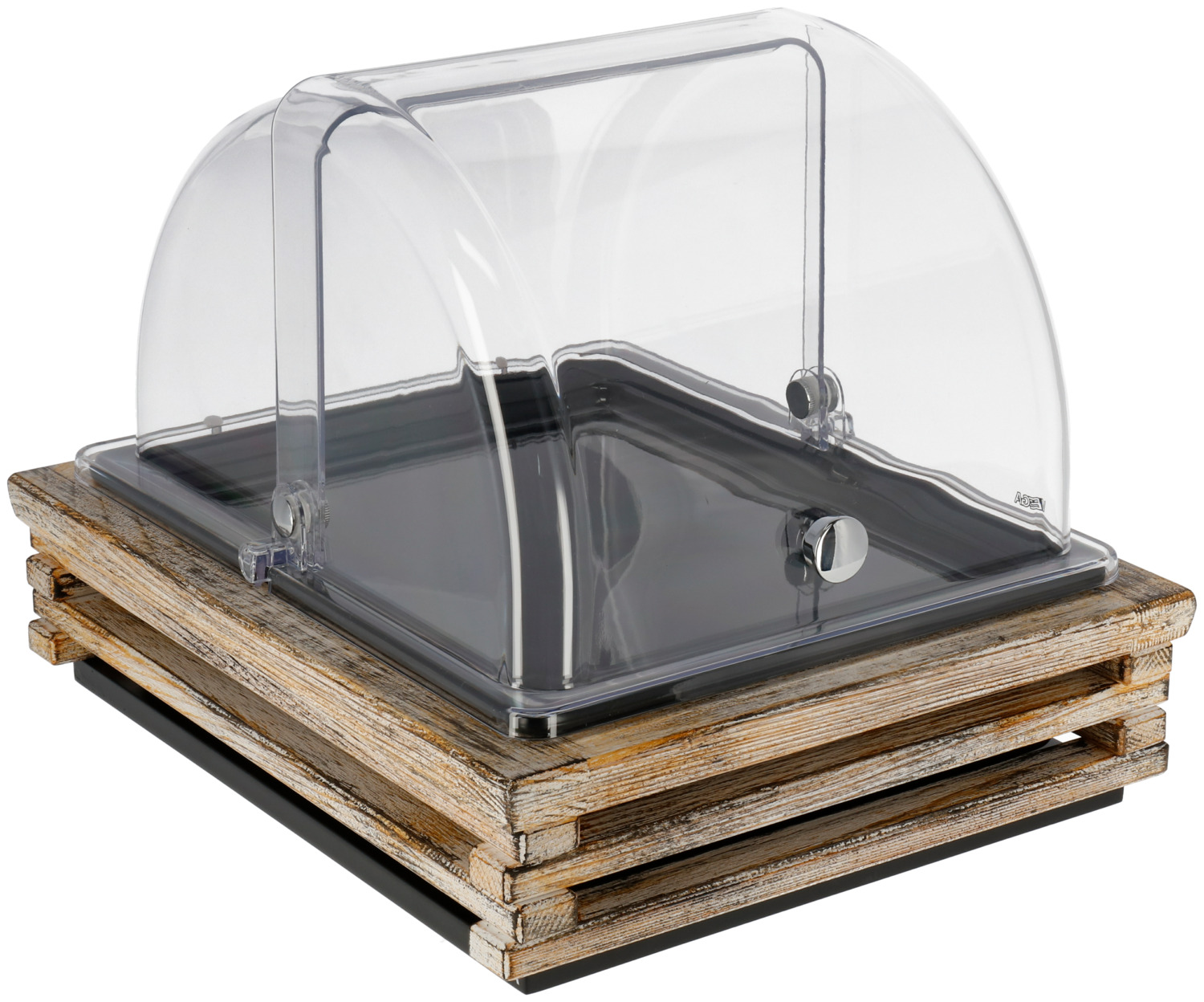 VEGA LUSINI Solutions GmbH Refrigerated display Natchez melamine black 1/2 Kühlvitrine Natchez Melamin schwarz 1/2 Refrigerated display Natchez melamine black 1/2; size GN 1/2, 37x31x27.7 cm (LxWxH); vintage white/transparent/black; rectangular Kühlvitrine Natchez Melamin schwarz 1/2; Größe GN 1/2, 37x31x27.7 cm (LxBxH); vintage weiß/transparent/schwarz; rechteckig The set consists of the buffet box flat 1/2 made of solid wood, a base container made of high-quality plastic with heat resistance up to 70 °C, the matching cold pack made of polyethylene, the black, stackable, shock and break-proof presentation platter made of melamine in 1/2 GN size (application range: -30 °C to +70 °C) and the break-proof roll-top cover Sturgis made of high-quality tritan (bisphenol A-free) with non-slip stop rubber coating for quiet opening and closing. The presentation platter is dishwasher safe, all other parts are not. Kühlvitrine besteht aus der Grundbox flach 1/2 in Massivholz, einer Basisschale aus hochwertigem Kunststoff mit einer Hitzebeständigkeit bis 70 °C, dem passenden Kühlakku aus Polyethylen, der schwarzen, stapelbaren, stoß- und bruchfesten Präsentationsplatte aus Melamin im 1/2 GN-Maß (Einsatzbereich: -30 °C bis +70 °C) und der bruchsicheren Rolltophaube Sturgis aus hochwertigem Tritan (Bisphenol A -frei) mit rutschfester Anschlagsgummierung für leises Öffnen und Schließen. Die Präsentationsplatte ist spülmaschinenfest, alle anderen Teile nicht.