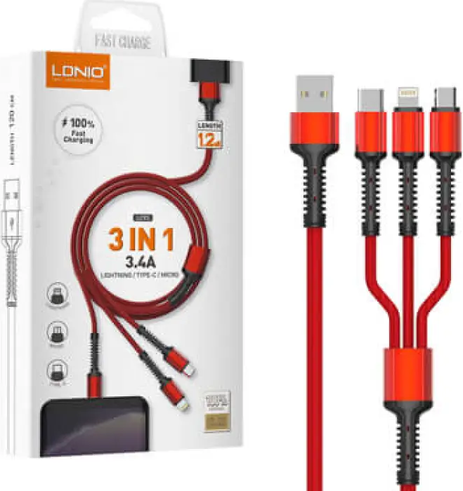 LDNIO LC93 3-in-1 Multi-Charging Cable USB-A to Lightning, Type-C and Micro-USB Fast Charging 3.4A 1.2m Red